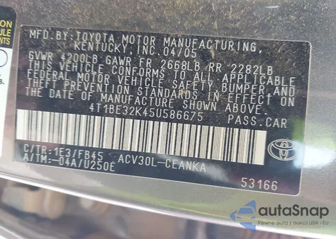 2005 Toyota Camry Le from USA, damaged, VIN 4T1BE32K45U586675